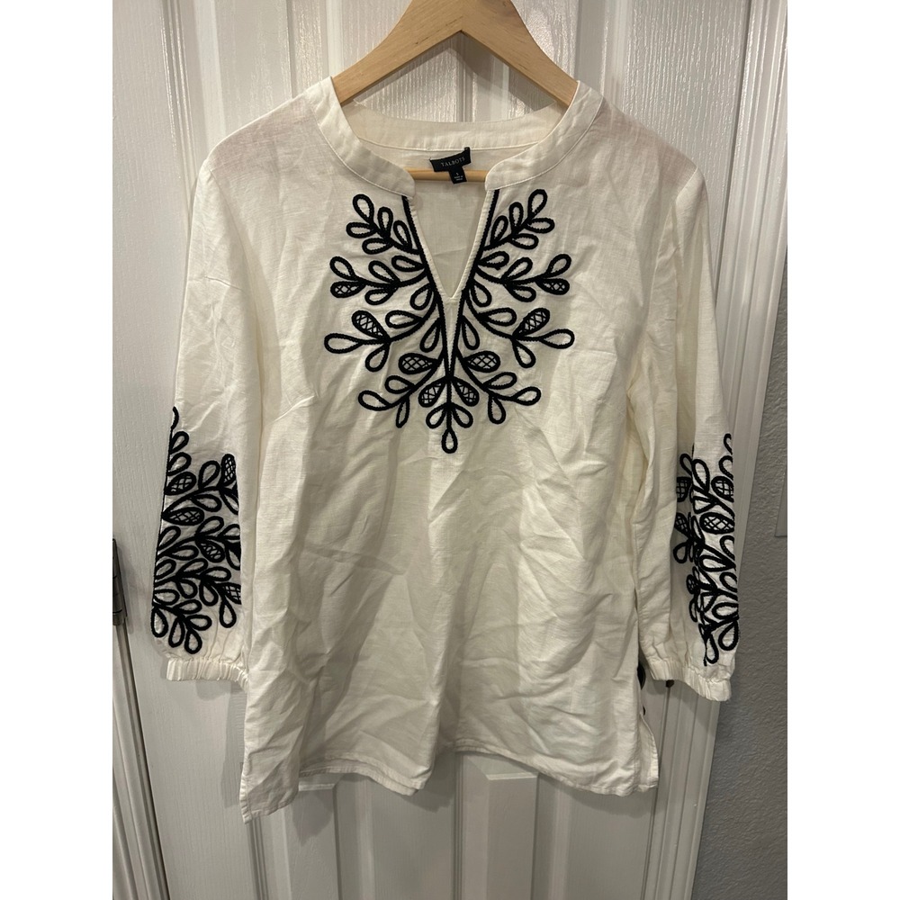 Talbots Tunic Top White Linen Cotton Embroidered Split Neck 3/4 Sleeve Blouse